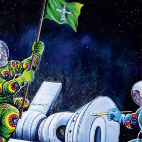 Peinture - Shula Mosengo - Astronotes - Colorés - Capsule spatiale à visage de masque - drapeau vert - espace