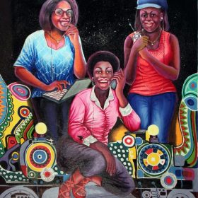 Peinture - Shula Mosengo - Femmes au téléphone ou sur ordinateur - Fond espace