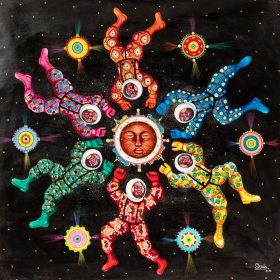 Peinture - Shula Mosengo - Espace - Astronautes colorés - en cercle autour d'un masque - boule projetant de la lumière entre chaque personnage