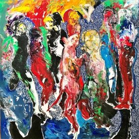 Peinture - Soly Cissé - Personnages - Rouge, jaune, bleu, vert, rose