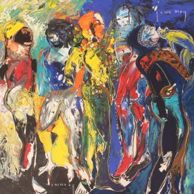 Peinture - Soly Cissé - Personnages - jaune, orange, rouge, bleu, marron, blanc