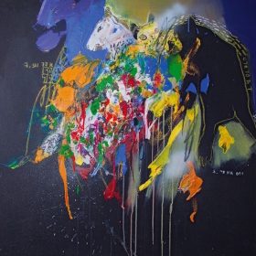 Peinture - Soly Cissé - animaux - coulures peinture - jaune, orange, vert, rouge, blanc, orange