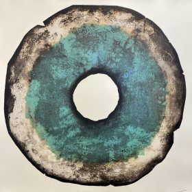 Gravure - Thomas Godin - rond - bleu, noir, blanc - contours noirs - encadré