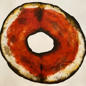 Gravure - Thomas Godin - rond - rouge, doré, blanc - contours noirs - encadré - personnages dansant
