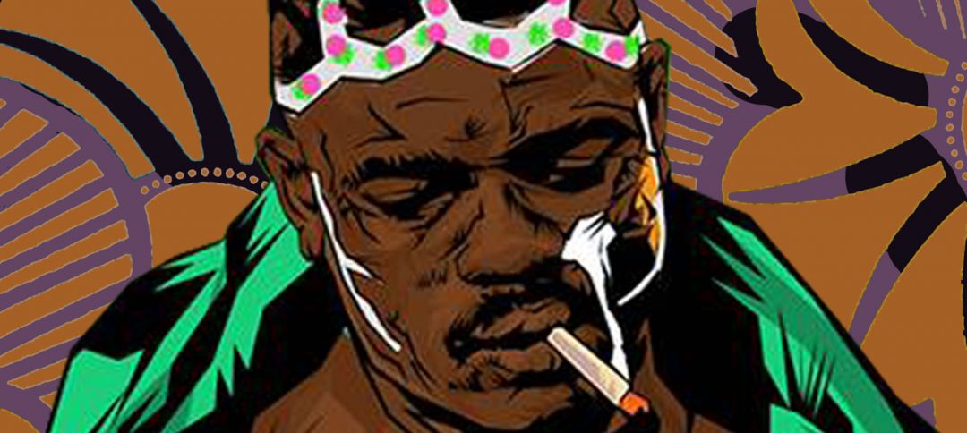Dessin digital - Fred Ebami - Homme fumant une cigarette - Fond fleuri marron et violet