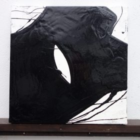 Peinture - Cali REZO - Formes rondes noires - filaments noirs - fond blanc