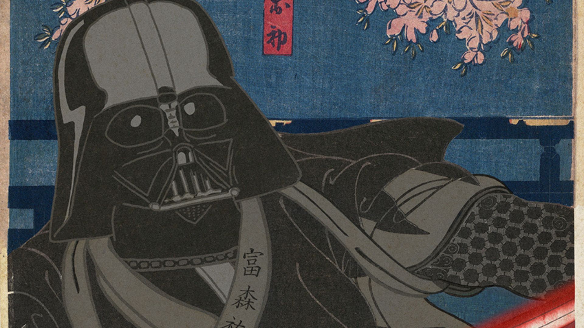 Un dessin des personnages de la culture pop qui sont figurés sur une estampe japonaise.