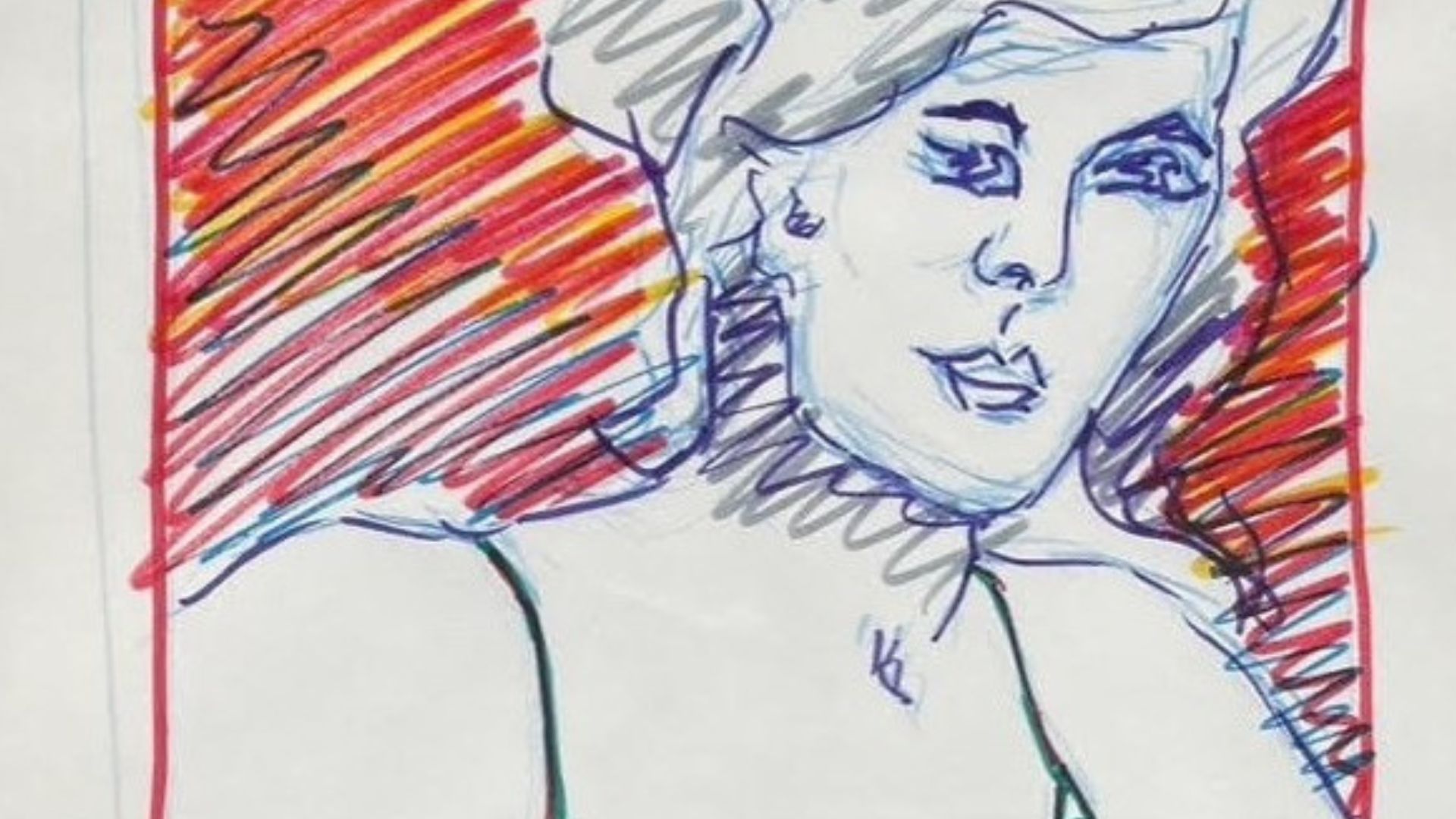Portrait d'une femme au feutre bleu avec fond rouge