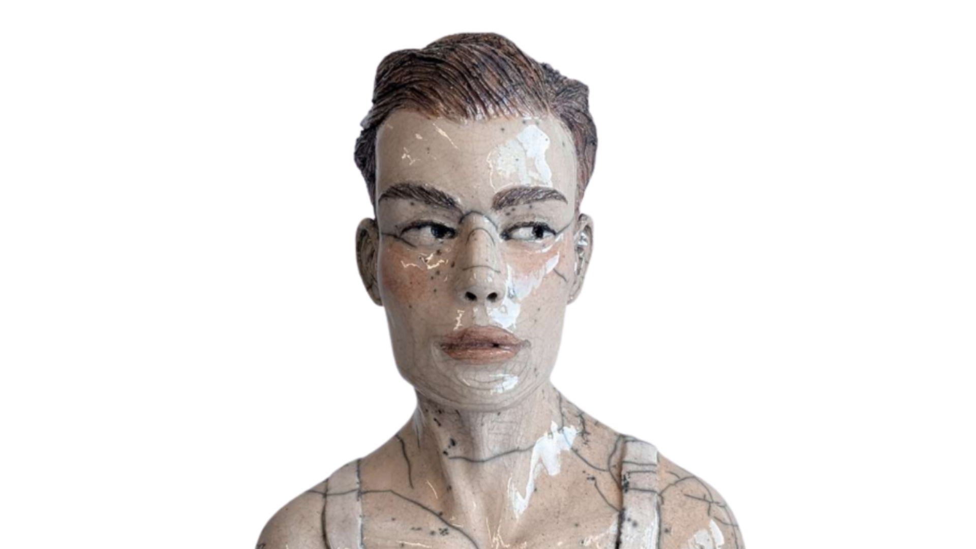 Sculpture d'un buste d'homme tatoué à l'épaule en débardeur à motif marinière