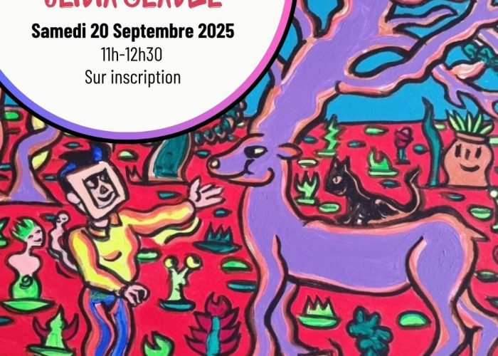 Joe Télé personnage créé par Olivia Clavel avec un cerf dans un monde imaginaire fluo