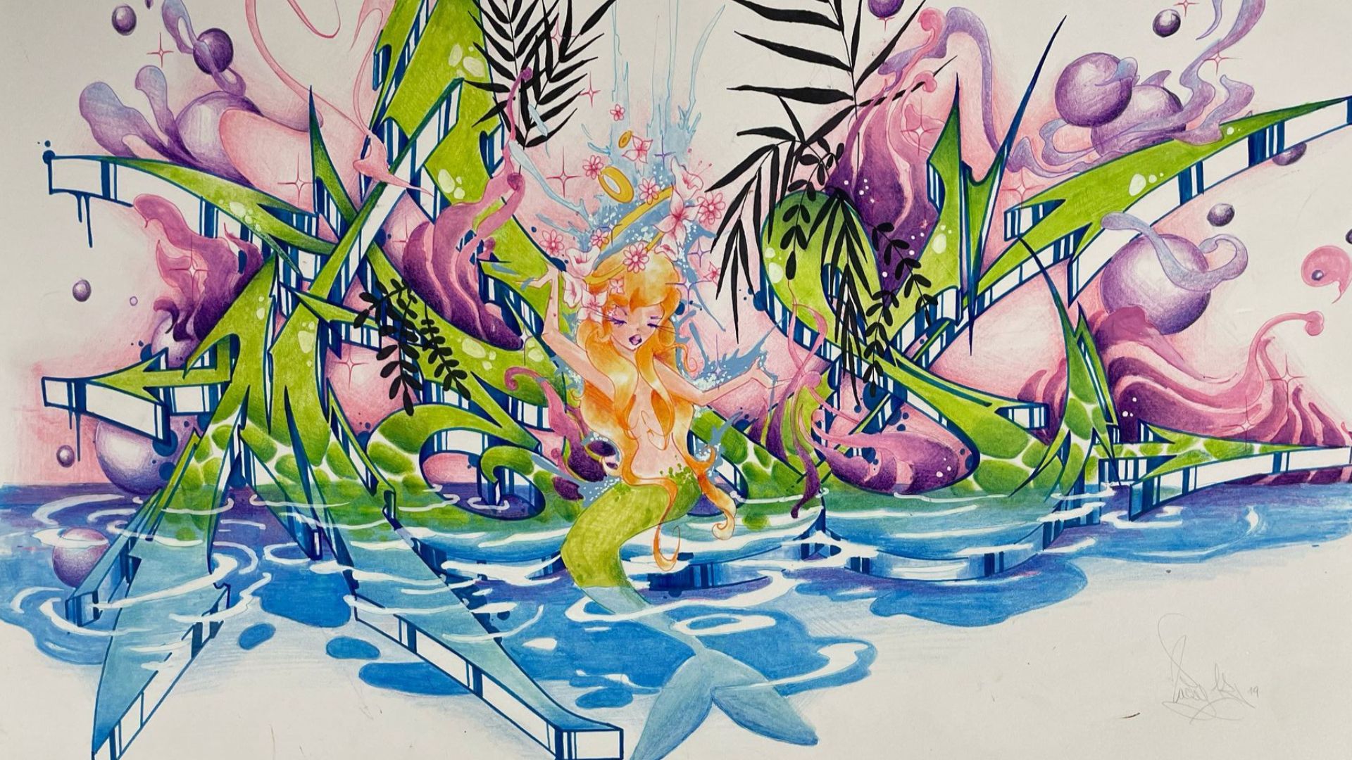 dessin d'un tag en aquarelle avec sirènes