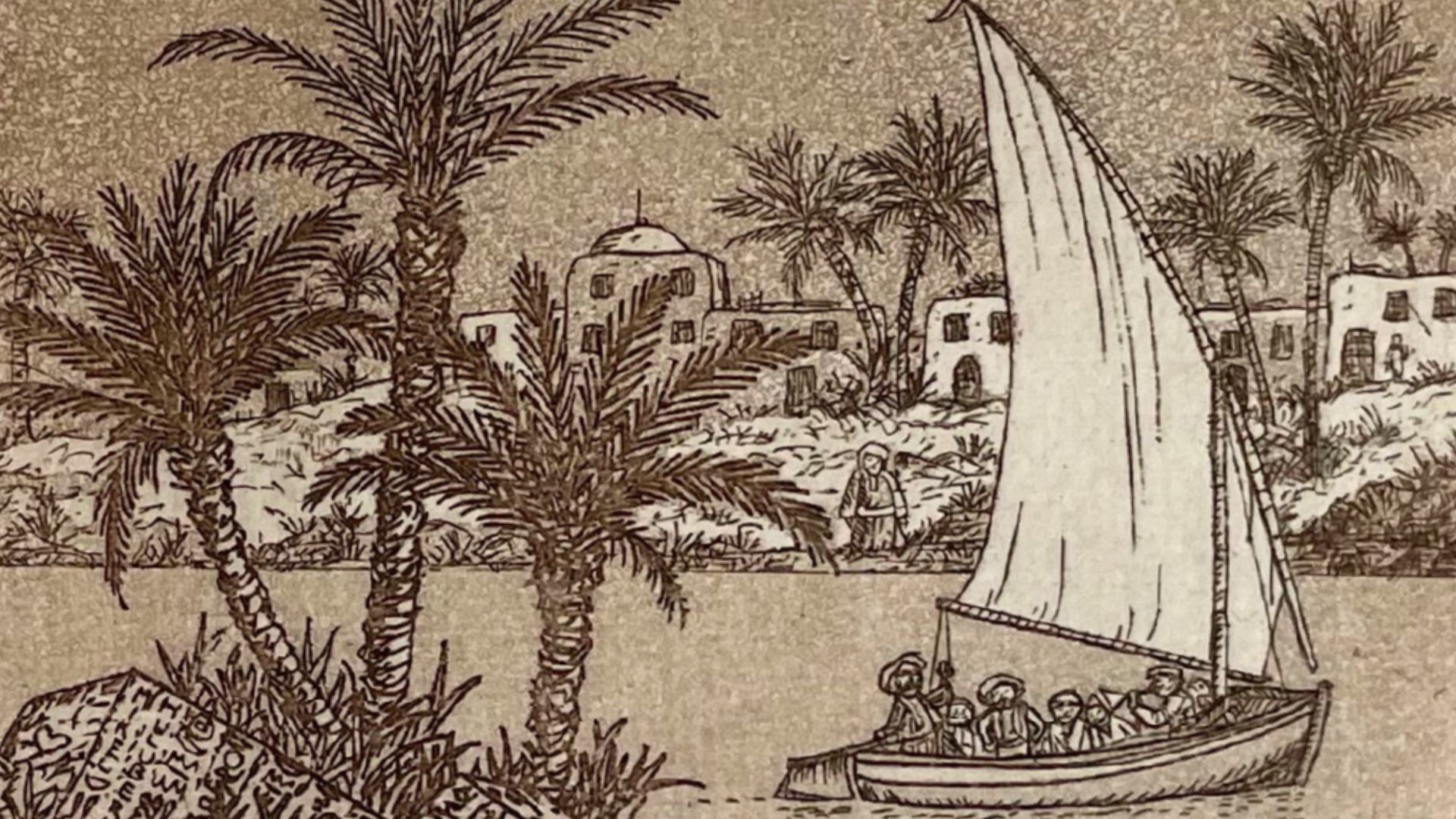 voilier sur rivière avec palmes