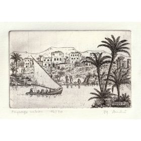 gravure d'une voilier sur rivière