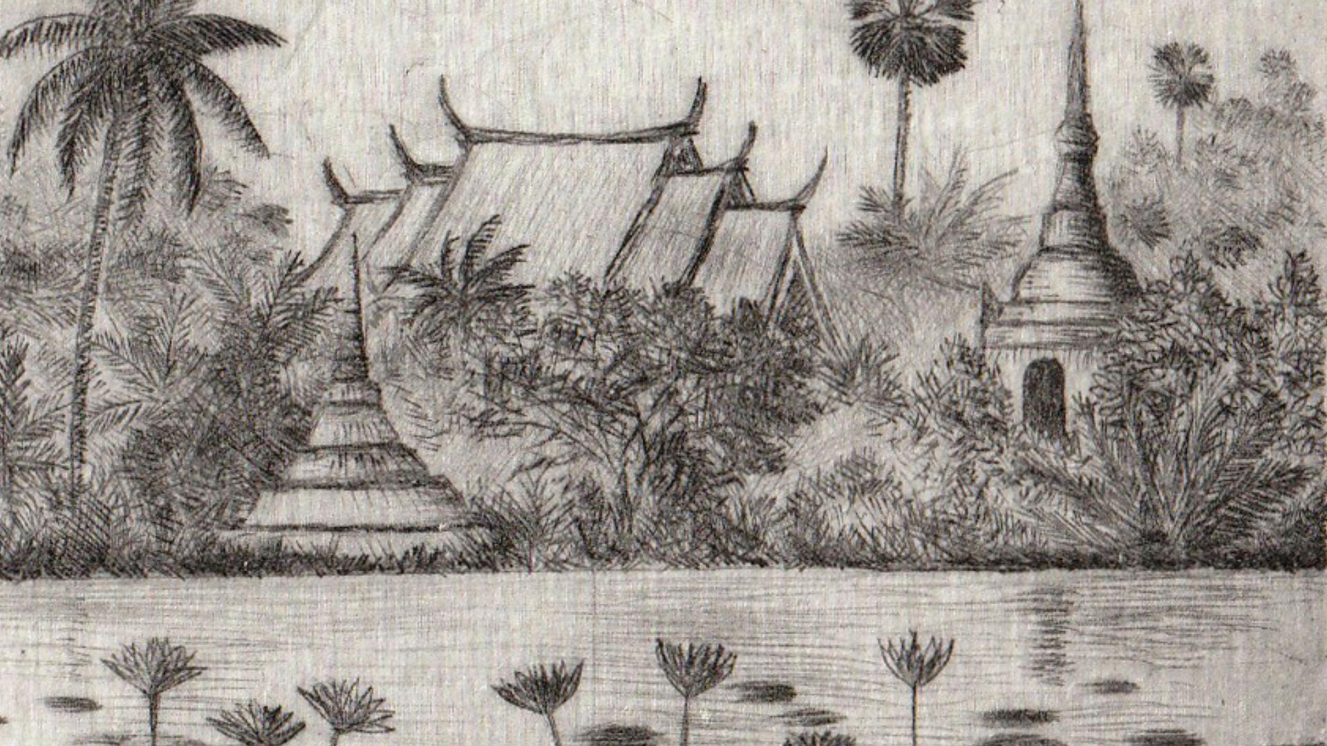 Gravure d'un paysage et d'une maison