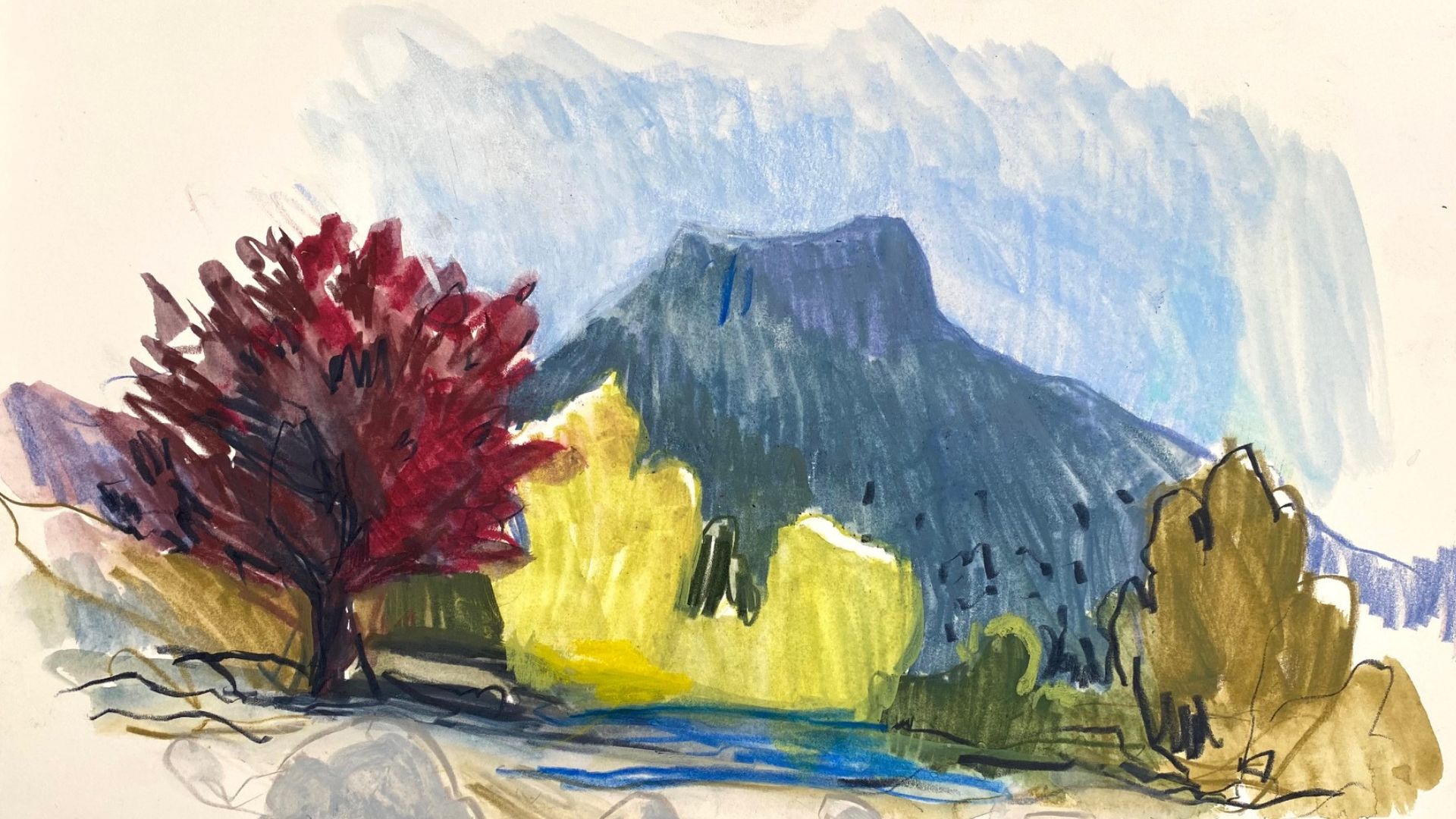 Paysage rocheux avec arbre rouge