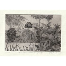 Gravure d'une maison en pleine jungle