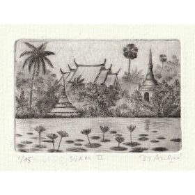 Gravure d'un paysage et d'une maison