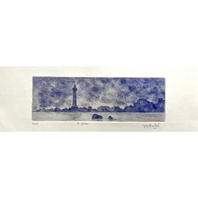 gravure d'un paysage avec phare