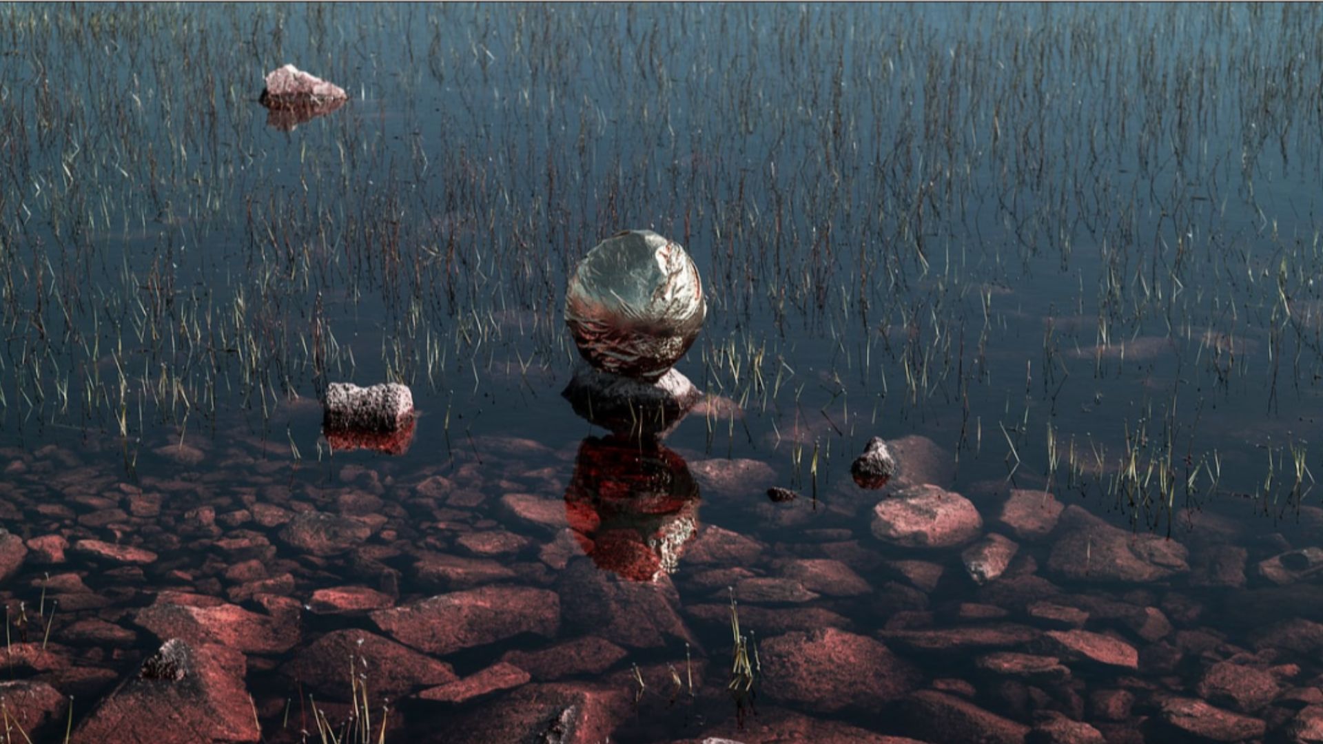 artificiel v. naturel - boule d'aluminium placé dans un étang