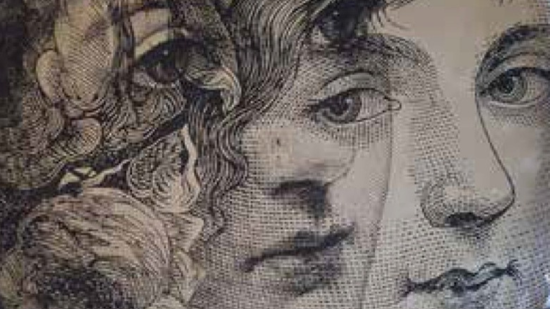 Gravure sur miroir ancien de deux visages