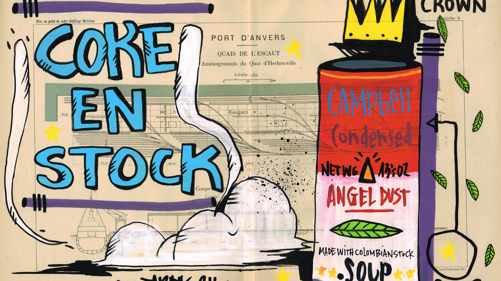 Posca et acrylique sur carte ancienne