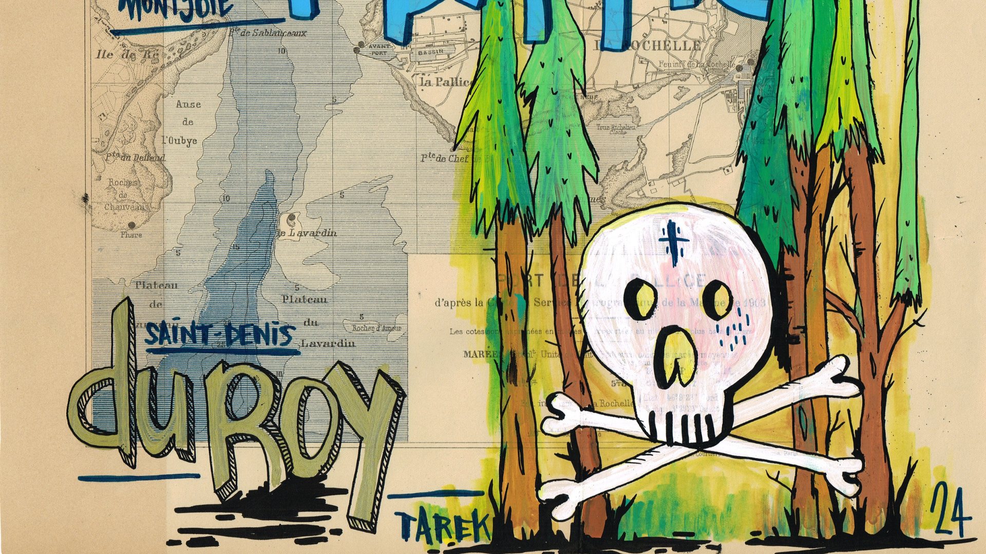 Posca et acrylique sur carte ancienne