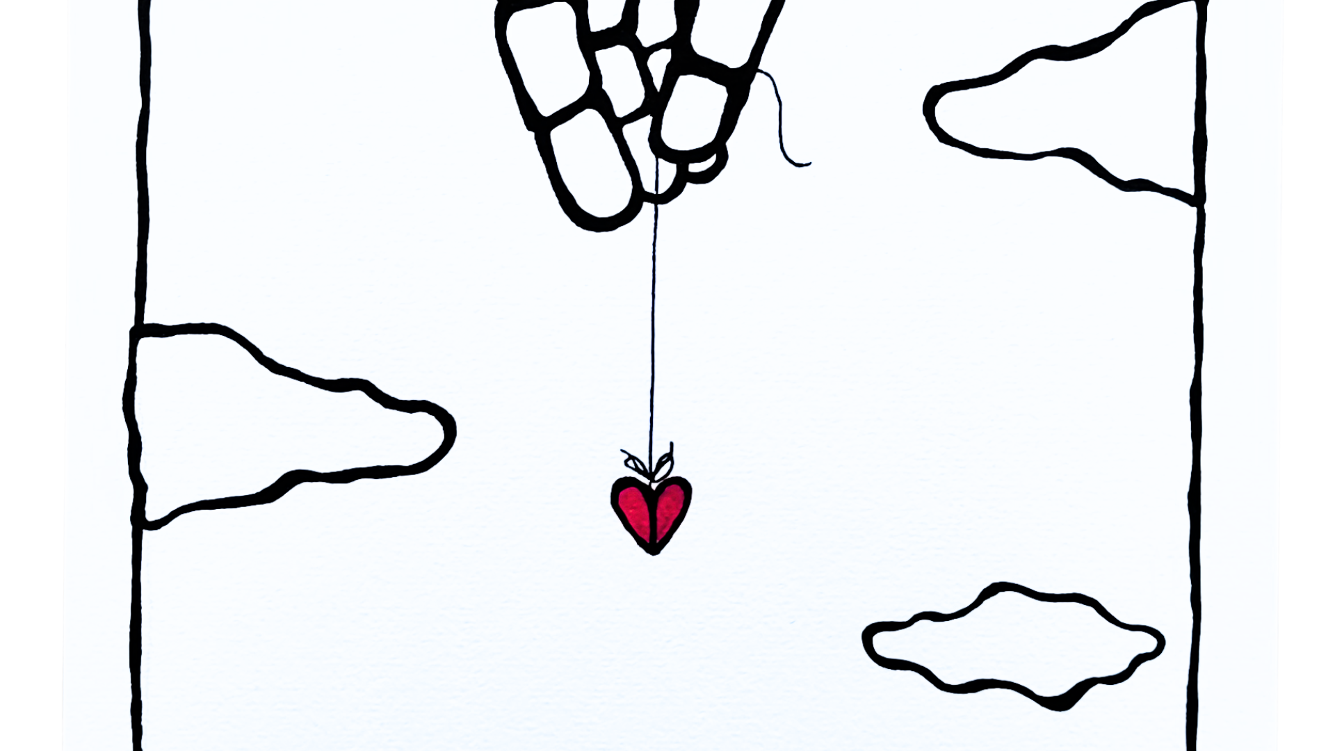Œuvre sur papier noir et blanc avec un cœur rouge