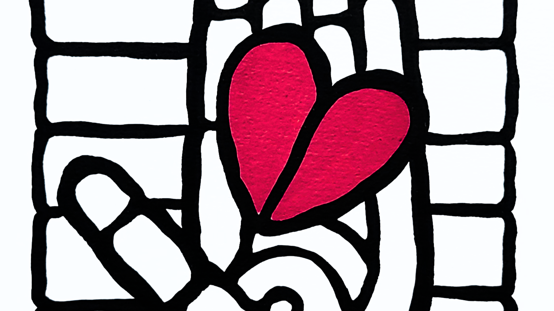 Œuvre sur papier noir et blanc avec un cœur rouge