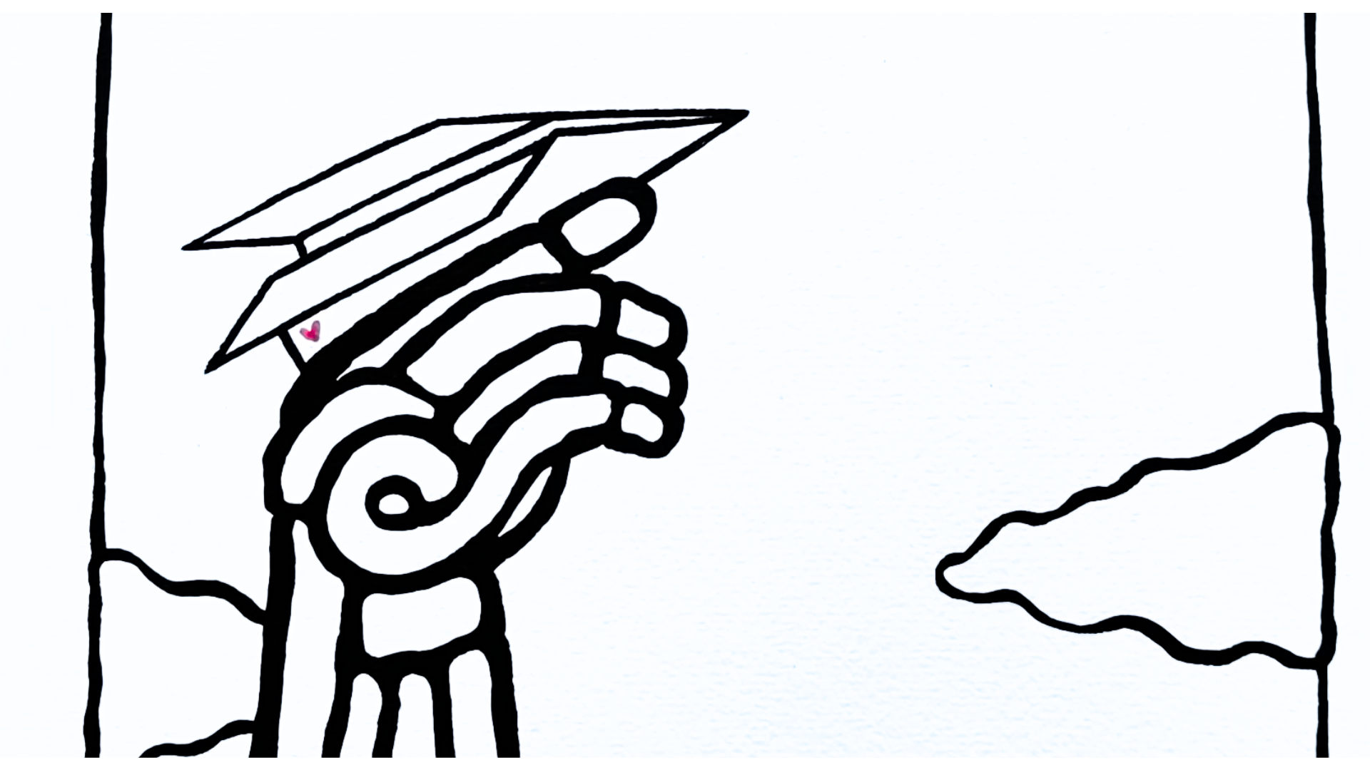 Œuvre sur papier noir et blanc avec un cœur rouge