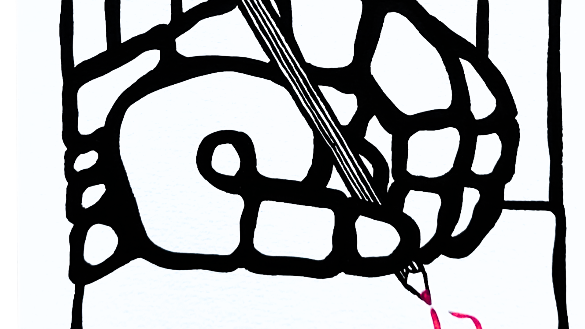 Œuvre sur papier noir et blanc avec un cœur rouge