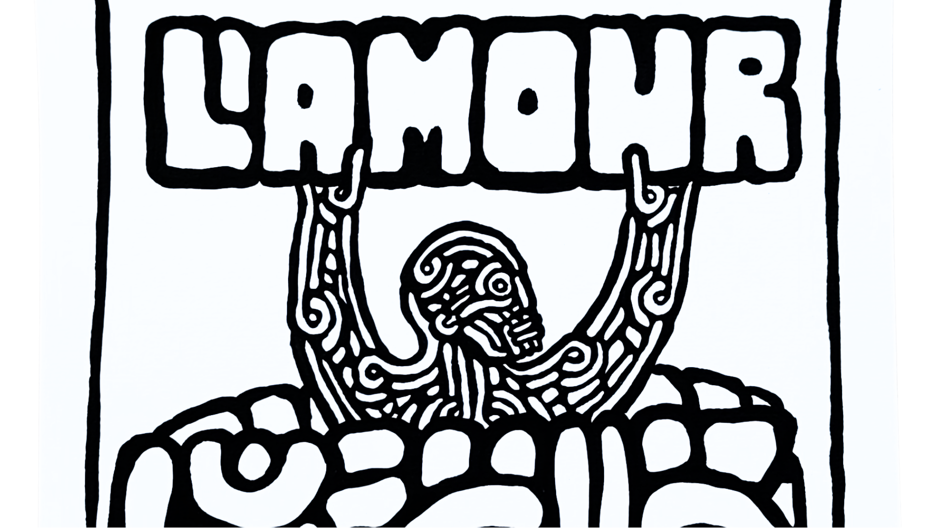 Œuvre sur papier noir et blanc avec un sigle "l'amour"