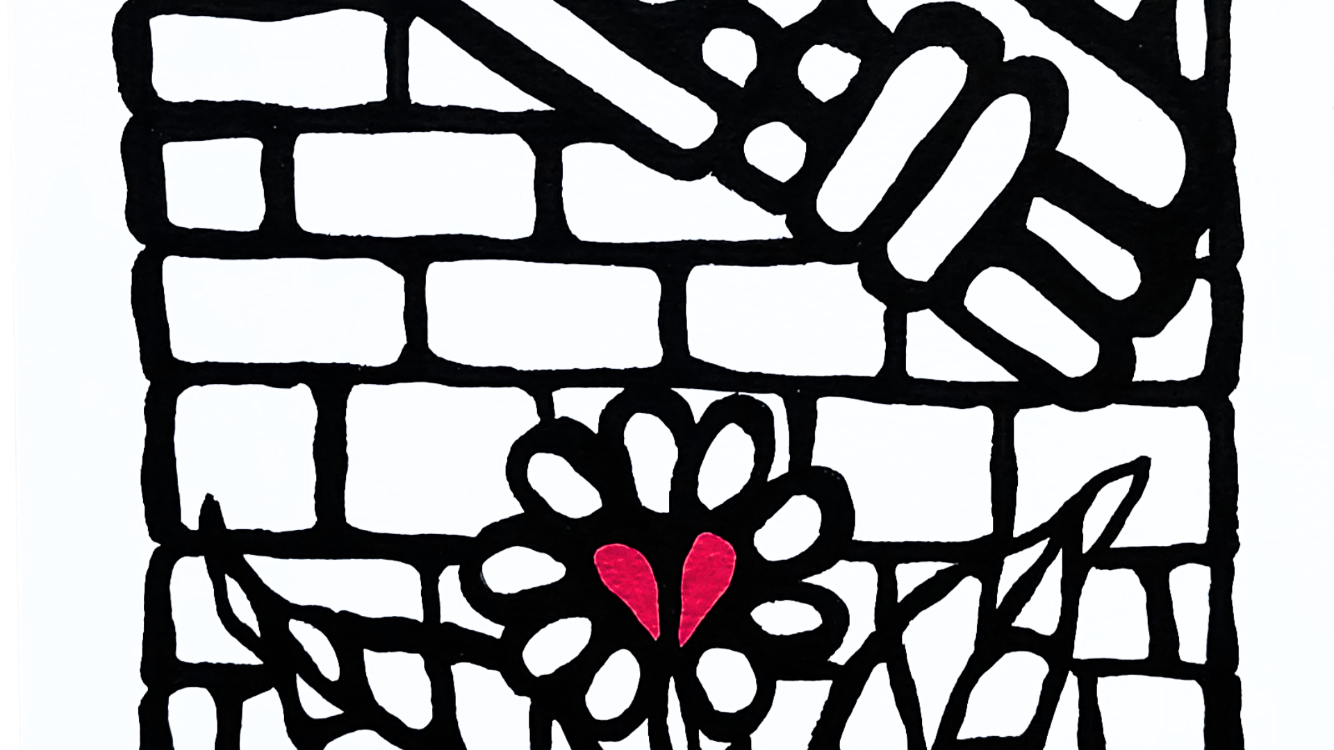 Œuvre sur papier noir et blanc avec un cœur rouge