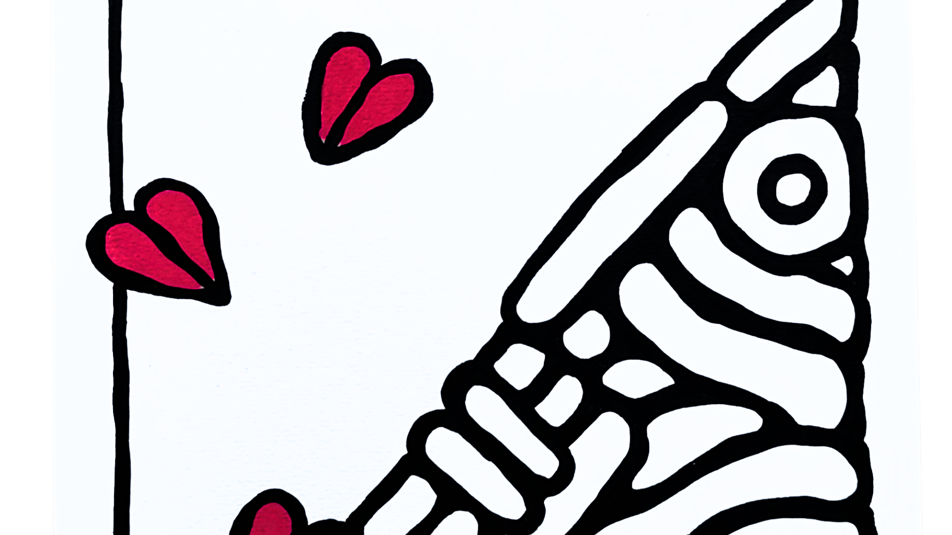 Œuvre sur papier noir et blanc avec un cœur rouge