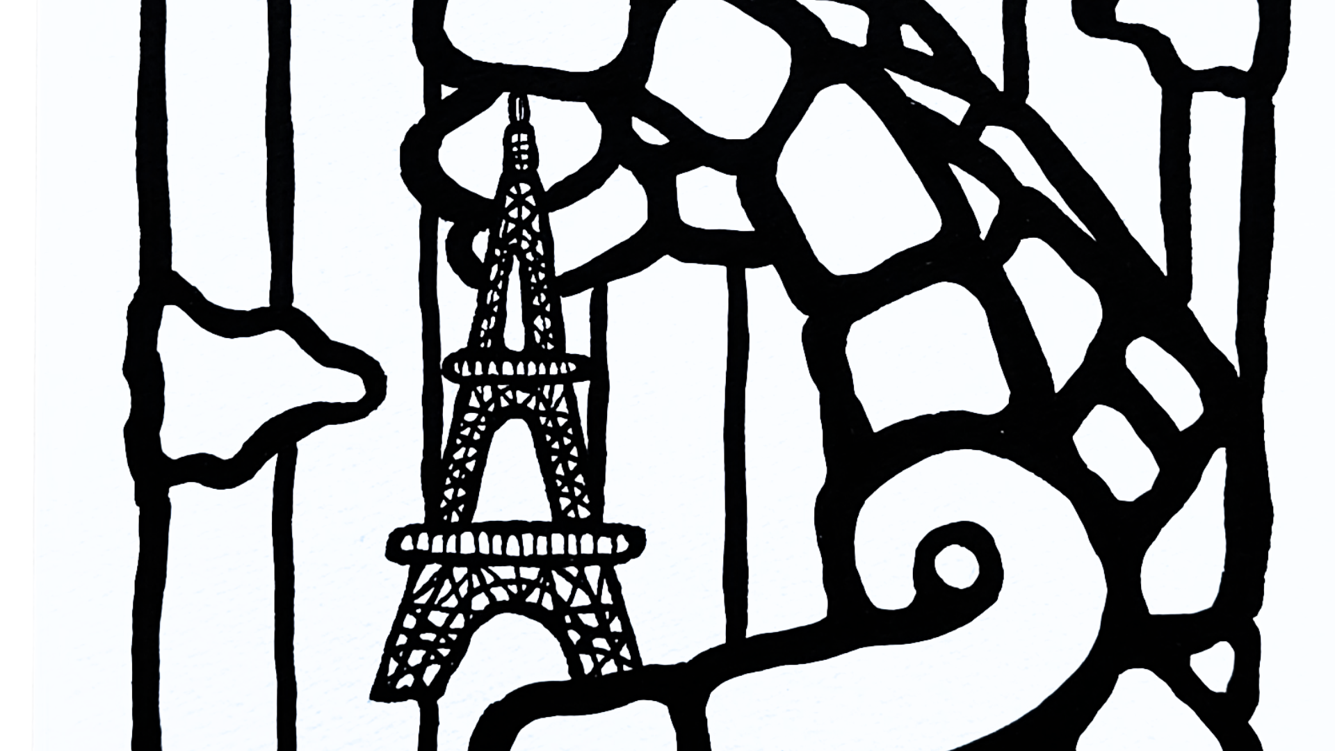 Oeuvre sur papier noir et blanc, avec un coeur rouge