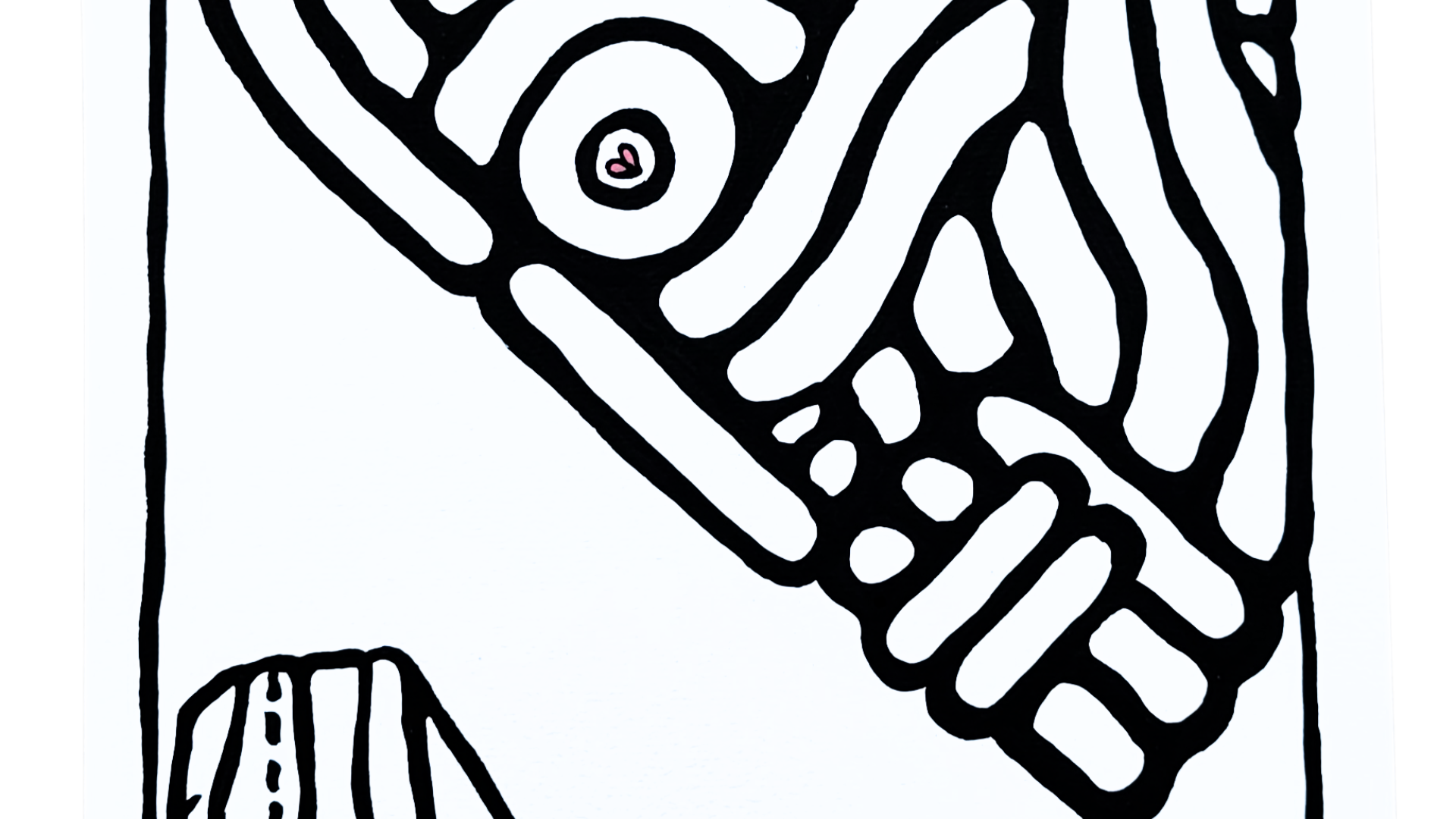 Œuvre sur papier noir et blanc avec un visage et un cœur rouge.