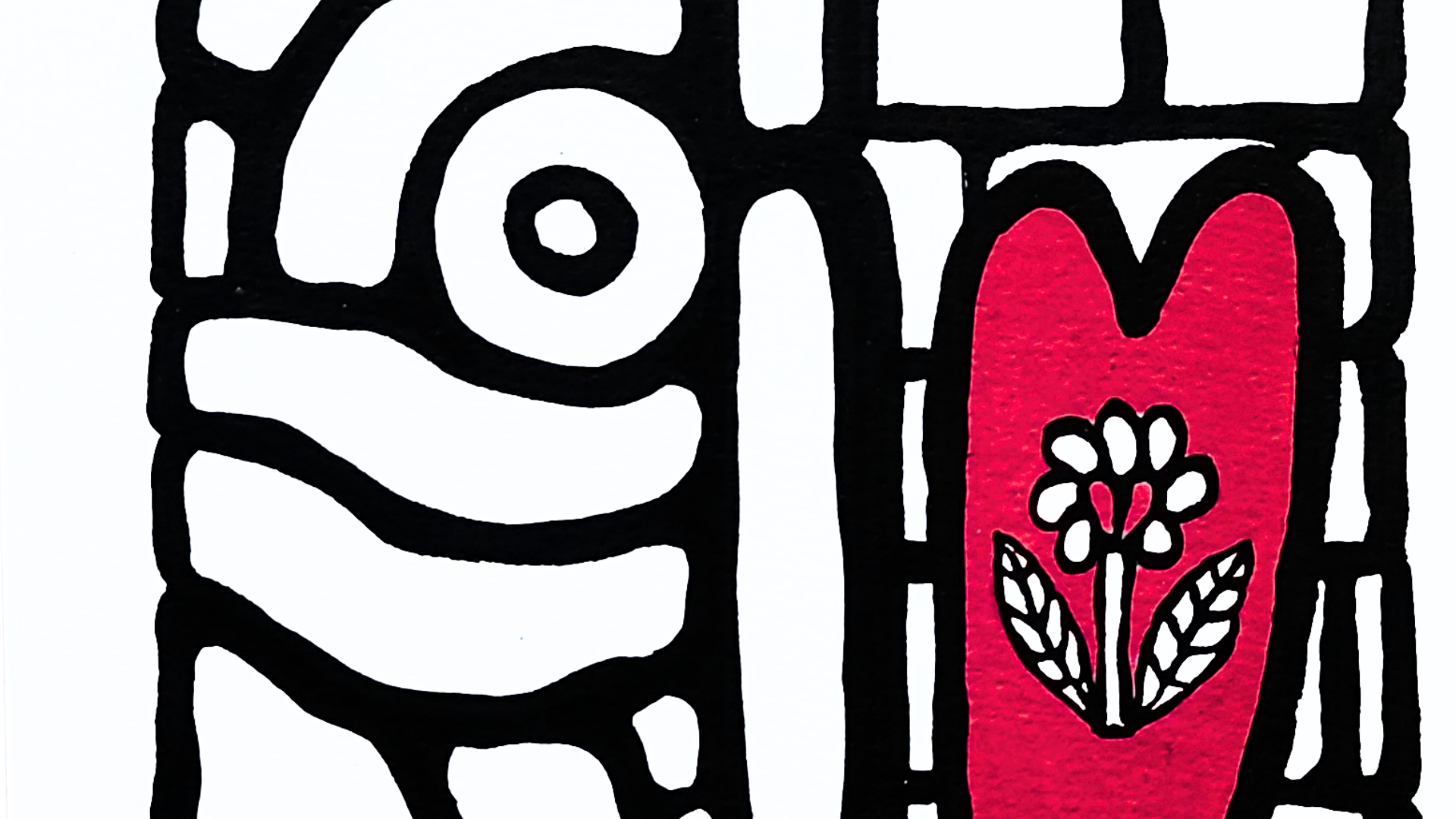 Œuvre sur papier noir et blanc avec un cœur rouge