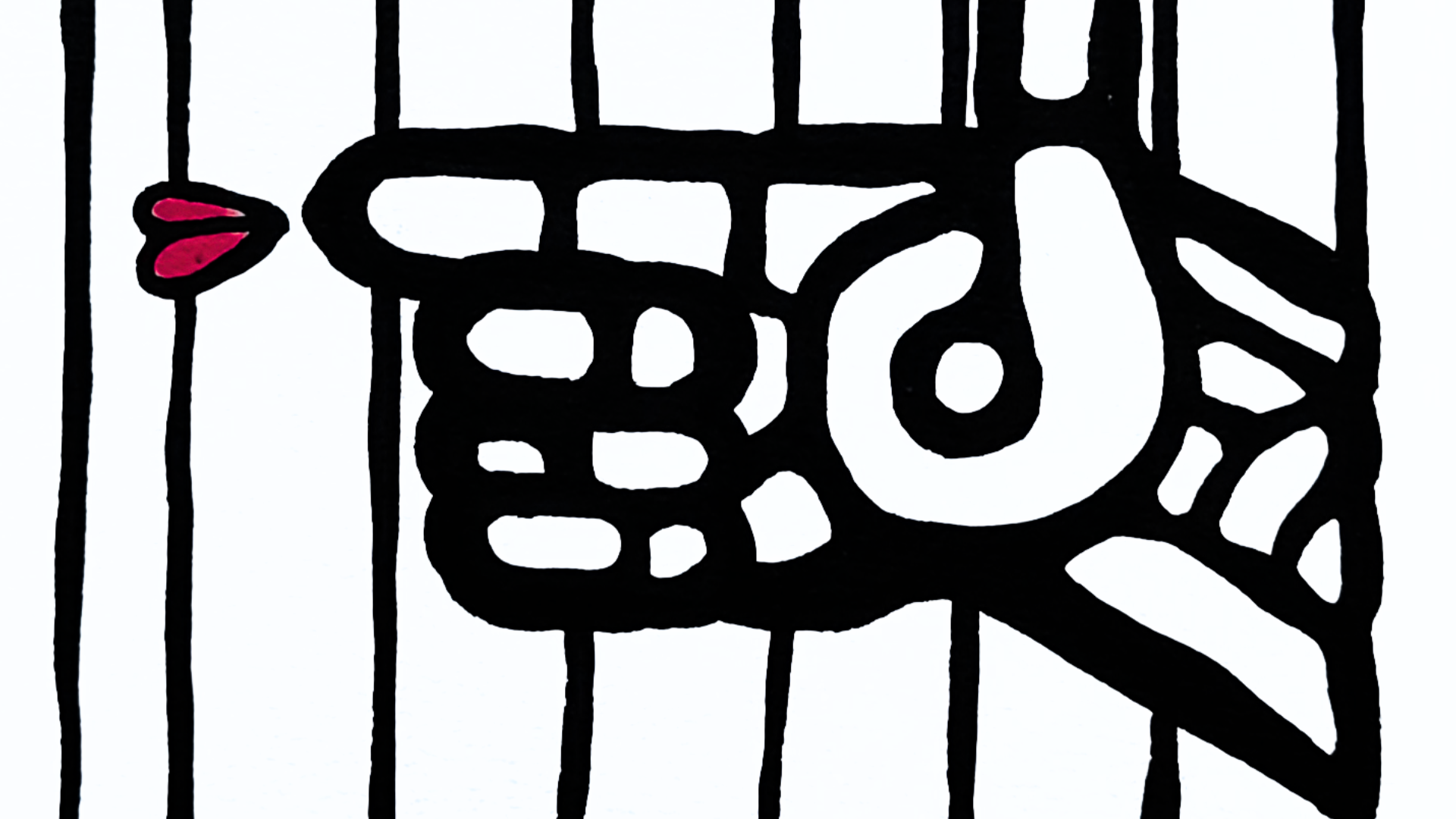 Œuvre sur papier noir et blanc avec un cœur rouge