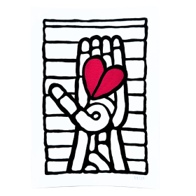 Œuvre sur papier noir et blanc avec un cœur rouge