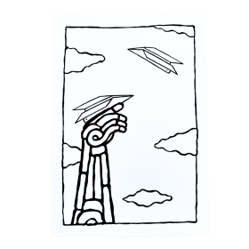 Œuvre sur papier noir et blanc avec un cœur rouge