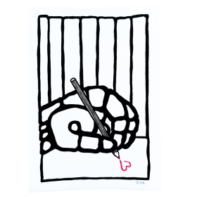 Œuvre sur papier noir et blanc avec un cœur rouge