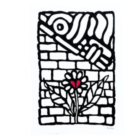 Œuvre sur papier noir et blanc avec un cœur rouge