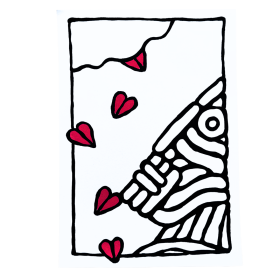 Œuvre sur papier noir et blanc avec un cœur rouge