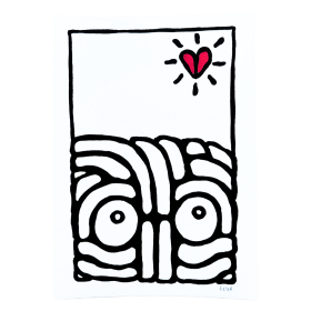 Œuvre sur papier noir et blanc avec un cœur rouge