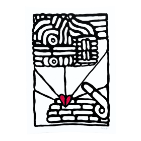 Œuvre sur papier noir et blanc avec un cœur rouge