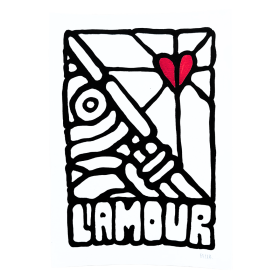 Œuvre sur papier noir et blanc avec un cœur rouge