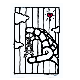 Oeuvre sur papier noir et blanc, avec un coeur rouge