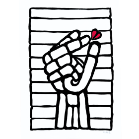 Œuvre sur papier noir et blanc avec un cœur rouge