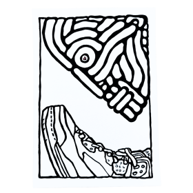 Œuvre sur papier noir et blanc avec un visage et un cœur rouge.