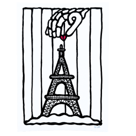 Œuvre sur papier noir et blanc avec un cœur rouge