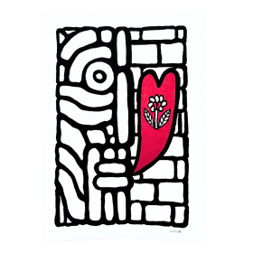 Œuvre sur papier noir et blanc avec un cœur rouge